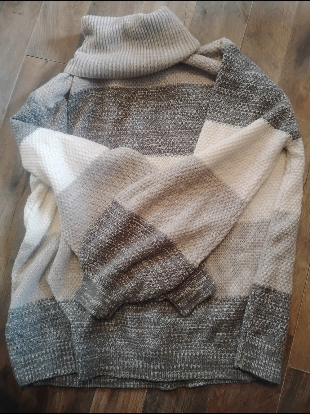 Zenana Outfitters Striped Turtleneck Sweater - Taupe, Cream & Gray